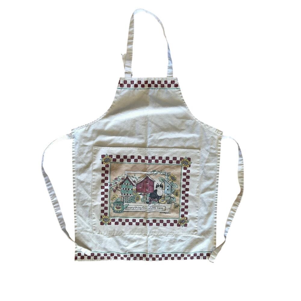 Vtg Kay Dee Design Cottagecore Apron Cat Everything Grows with Love Cooking Chef
